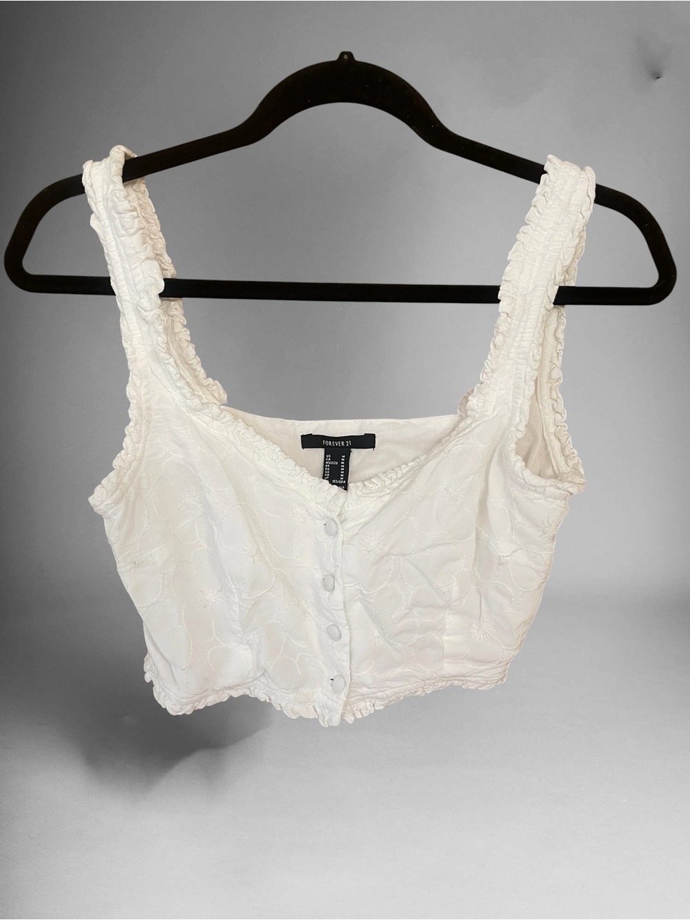 Forever 21 White Ruffled Strap Button Crop Top